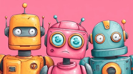 Three Colorful Cartoon Robots With