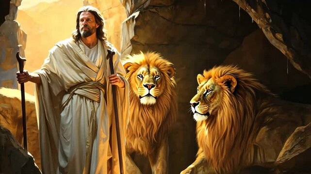 A brave and trustworthy prophet of God at the lions den with lions around him 4K