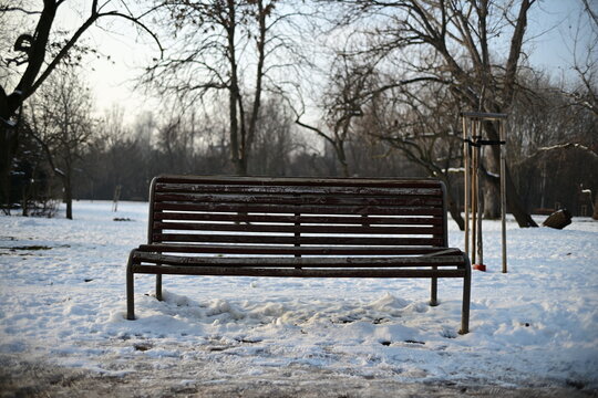 bench in the park in the winter snow