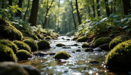 Serene forest stream flowing over mosscovered rocks in a tranquil woodland landscape