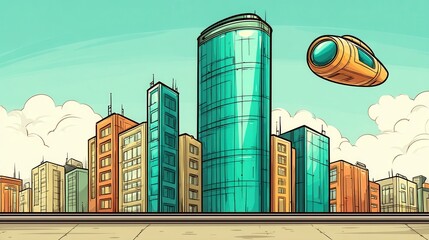Futuristic city skyline with modern skyscrapers and a flying car in the sky, cartoon style, bright colors, sci-fi urban landscape.
