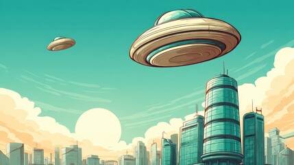Futuristic city skyline with two flying UFOs in the sky at sunset, science fiction scene, modern buildings, alien spacecraft, vibrant colors, urban landscape, extraterrestrial concept.