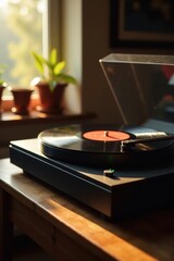 Obraz premium Warmly lit record player with vinyl records on a wooden table, instrumental beats, records