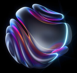 3d of surreal mystic alien ball or sphere sculpture in curve wavy organic lines forms in deformation process in translucent matte plastic material with purple neon laser round stripe