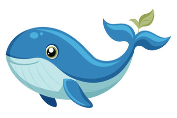 Obraz premium A playful blue whale glides through the water, adorned with a small green leaf on its tail. The joyful expression adds a whimsical touch to the underwater atmosphere.