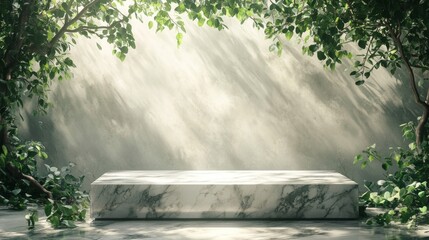 White Marble Podium in Sunlit Green Forest Setting