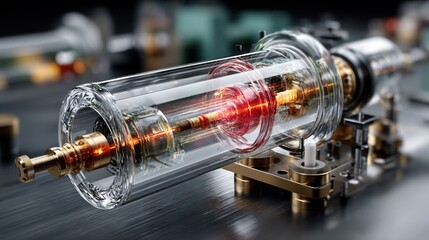 Complex Vacuum Tube Mechanism.  Intricate glass and metal components, illuminated by inner glow.  Detailed engineering view
