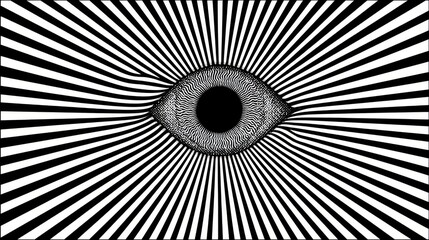 Hypnotic eye with black and white optical illusion lines, psychedelic vision, surreal abstract art, trippy geometric pattern, mind-bending visual effect, modern graphic design.