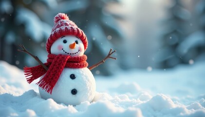 Warm snowman wearing bright scarf and hat in the snowy landscape, snowy, snowman