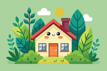 Naklejka premium A cartoon-style house with a smiling face sits amidst lush greenery, large leaves, and a bright sun. The colorful scene evokes a sense of joy and playfulness in nature.