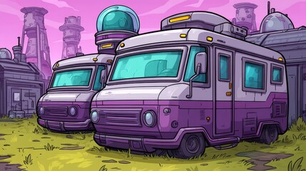 Futuristic cartoon RVs parked in a sci-fi landscape with purple sky and advanced technology buildings, perfect for adventure, travel, and science fiction themes.