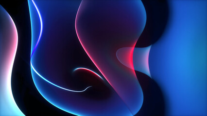 3d render  background with part of surreal flower in curve wavy organic lines forms in deformation process in dark translucent matte blue plastic material with purple neon laser round stripe