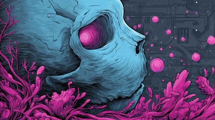 Futuristic blue skull with glowing pink eye surrounded by abstract neon coral and digital circuit background. Cyberpunk, sci-fi, surreal, vibrant colors, modern illustration.