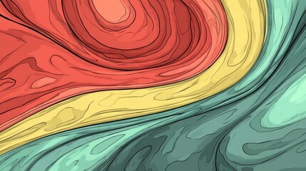 Abstract colorful wavy pattern with red, yellow, and teal flowing lines. Modern fluid texture, topographic style. Perfect for backgrounds, wallpapers, and creative design projects.