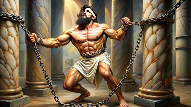 Biblical hero endowed with superhuman strength saving God's people from Philistines 4K