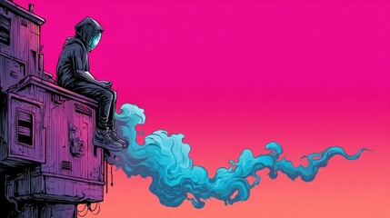 A digital illustration of a person sitting on the edge of a building, exhaling a cloud of smoke against a vibrant pink and orange sky, blending urban and fantasy elements.