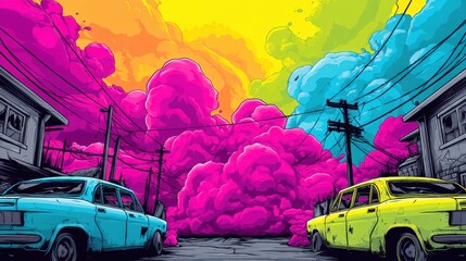 Vibrant street art scene featuring colorful clouds, vintage cars, and urban elements, creating a surreal and eye-catching landscape with bold, vivid colors and imaginative style.