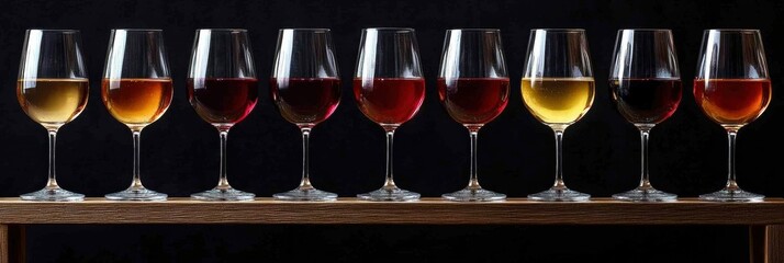 Elegant wine glasses in various sizes and shapes filled with different types of wine on a black background