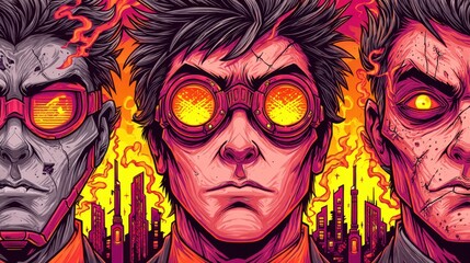 A vibrant, cyberpunk-style illustration featuring three futuristic characters with glowing goggles and intense expressions, set against a neon-lit cityscape background.