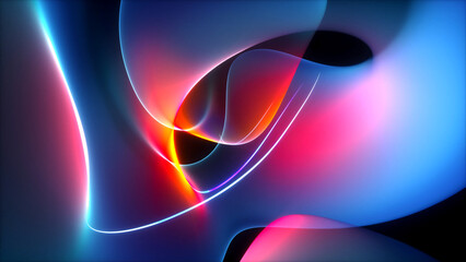 3d render  background with part of surreal flower in curve wavy organic lines forms in deformation process in dark translucent matte blue plastic material with purple neon laser round stripe