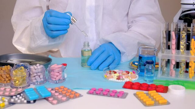drugs to be examined in the laboratory. Selective focus.
