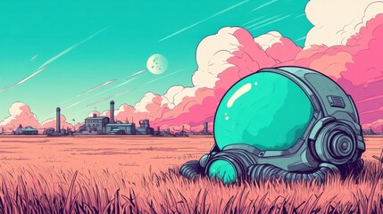 Futuristic landscape with a large astronaut helmet in a colorful field, distant factory buildings, pink clouds, and two moons in the sky. Sci-fi, surreal, and imaginative scenery.