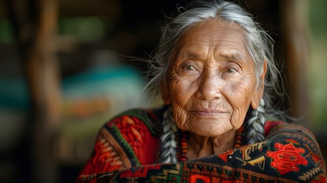 Indigenous elder woman wearing woven poncho and braids, standing wise and relaxed