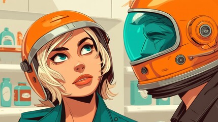 Two people in orange helmets, one woman and one man, standing in a modern pharmacy or laboratory, looking at each other. Retro comic style, vibrant colors, science fiction atmosphere.