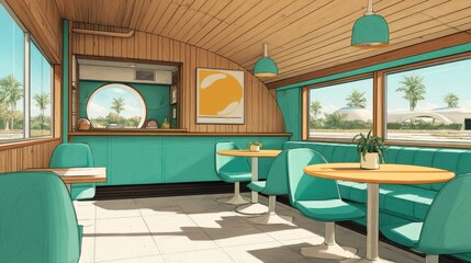 Retro diner interior with turquoise booths, round tables, large windows, palm trees outside, and bright sunlight. Cozy vintage cafe with mid-century modern design and wooden ceiling.