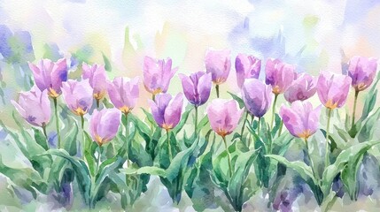 Obraz premium Watercolor painting of a vibrant field of blooming tulips in shades of purple pink and green with soft background and delicate brushstrokes