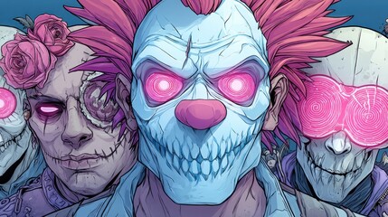 Creepy clown with glowing eyes and skull face, surrounded by sinister figures with neon eyes. Horror, dark fantasy, Halloween, scary character, digital art.