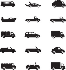 Set of Black Vehicle Icons  Silhouette Transport and Delivery Car Symbols on White Background.