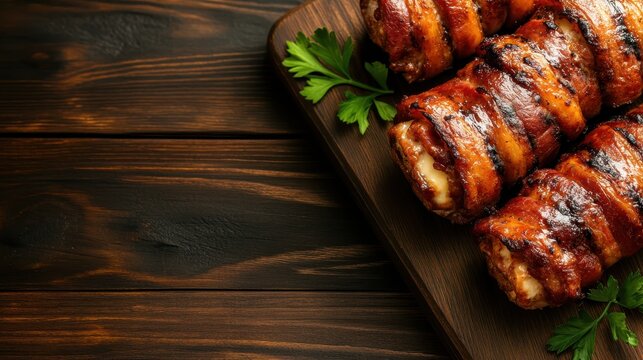 A stunning arrangement of crispy bacon-wrapped delicacies, embellished with fresh greens, perfect as a gourmet snack that brings joy to any culinary gathering.