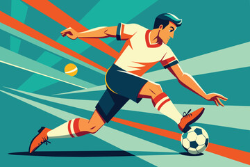 A skilled young athlete strikes a soccer ball with precision, demonstrating athleticism and concentration on a colorful playing field under clear skies.