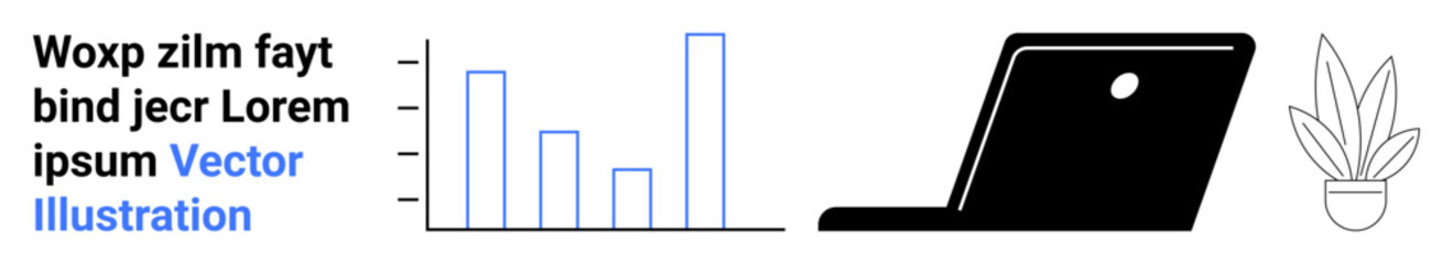 Bar chart with text, a laptop, and a potted plant. Ideal for business, analytics, technology, work-from-home, productivity minimalism and education. Perfect for flat landing page banner