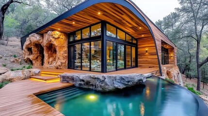 Modern architectural design home nestled in a wooded area with a wooden deck, infinity pool, and natural rock formations. Warm lighting enhances the