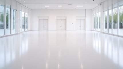 Fototapeta premium Empty white modern hall with reflective floor and large windows during daytime.