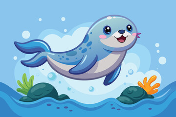 Naklejka premium A cartoon seal with a cheerful expression leaps through the clear blue water, surrounded by ocean plants and bubbles, creating a joyful underwater atmosphere.