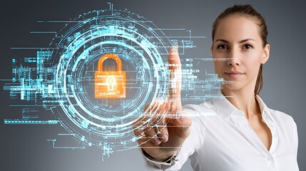 Woman engaging with virtual padlock, visual representation of digital security and data protection in the modern age