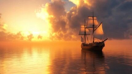Obraz premium Majestic Sunset Sail: A Golden Hour Voyage