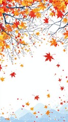 Vibrant autumn scene with colorful falling leaves on branches against a clear sky and distant mountains for seasonal decoration or nature background