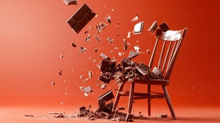 An imaginative depiction of a wooden chair bursting apart, releasing rich chocolate chunks, showcasing creativity in a fusion of furniture and culinary art in a dynamic composition.