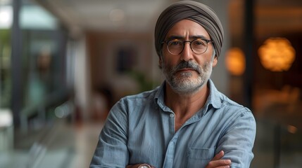 Obraz premium Middle-aged man in turban and collared shirt, standing with arms crossed, confident look