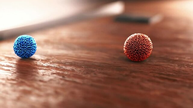 Metallic Blue and Copper Nanoparticle Spheres Resting on Wooden Surface in Soft Focus.