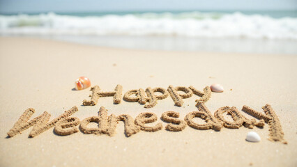 Fototapeta premium Happy Wednesday message written in sand on beach