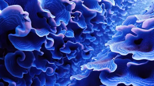 Macro View of Vibrant Blue Gilled Mushrooms with Intricate Textures.