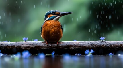 Naklejka premium A charming kingfisher surrounded by vibrant blue flowers, evoking a sense of peace and happiness, accentuated by the soft rain falling in the background.