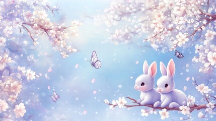 Obraz premium Cute rabbits in spring blossoms