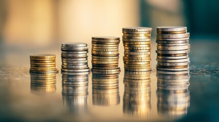 Shiny stack of coins on a wooden table, symbol of financial growth and savings