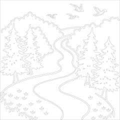 Obraz premium Hand-drawn vector landscape for coloring book layered illustration design